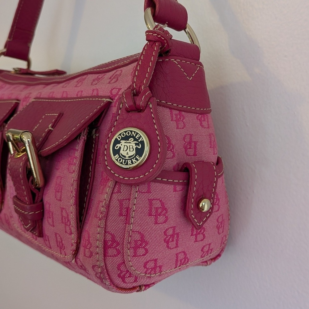 Vintage Dooney & Bourke Pink Y2K DB Monogram Canvas Leather Buckle Shoulder Bag - Picture 3 of 16